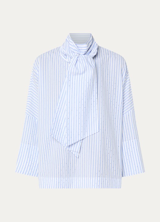 Essentiel Antwerp Kefir blouse met streepprint en sjaalkraag - voorkant 3 blauw