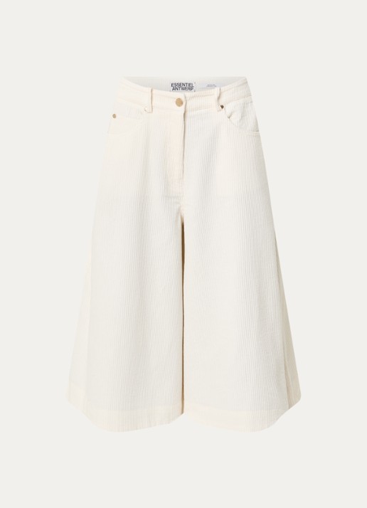 Essentiel Antwerp Kigi mid waist wide fit culotte van corduroy met steekzakken - voorkant 3 gebroken wit