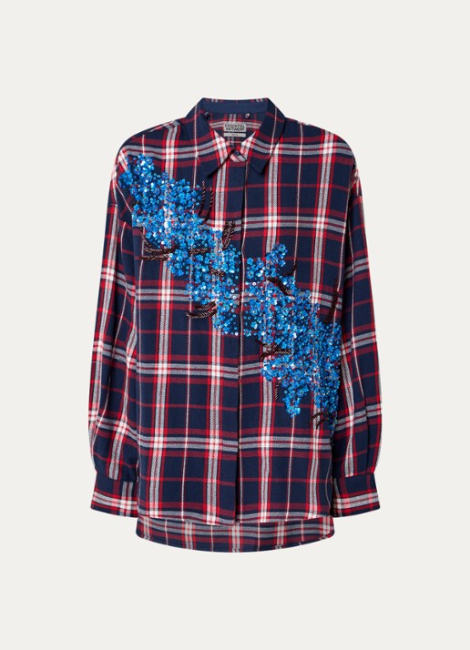 Essentiel Antwerp Kirke blouse met ruitdessin en pailletten - voorkant 2 donkerblauw