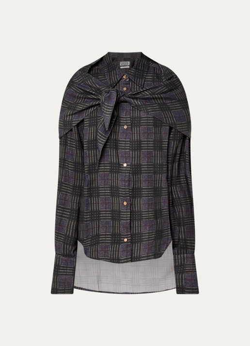 Essentiel Antwerp Kiss blouse in wolblend met sjaal in ruitdessin - voorkant olijfgroen