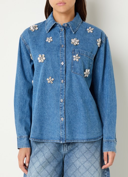 Essentiel Antwerp Konnection Rhinestone blouse van denim met kralendecoratie