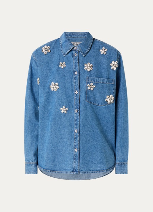 Essentiel Antwerp Konnection Rhinestone blouse van denim met kralendecoratie - voorkant 3 indigo