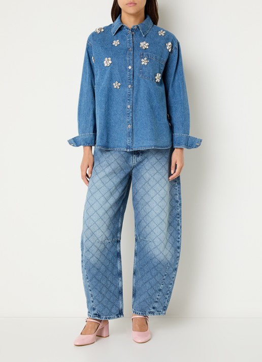 Essentiel Antwerp Konnection Rhinestone blouse van denim met kralendecoratie - voorkant 4 indigo