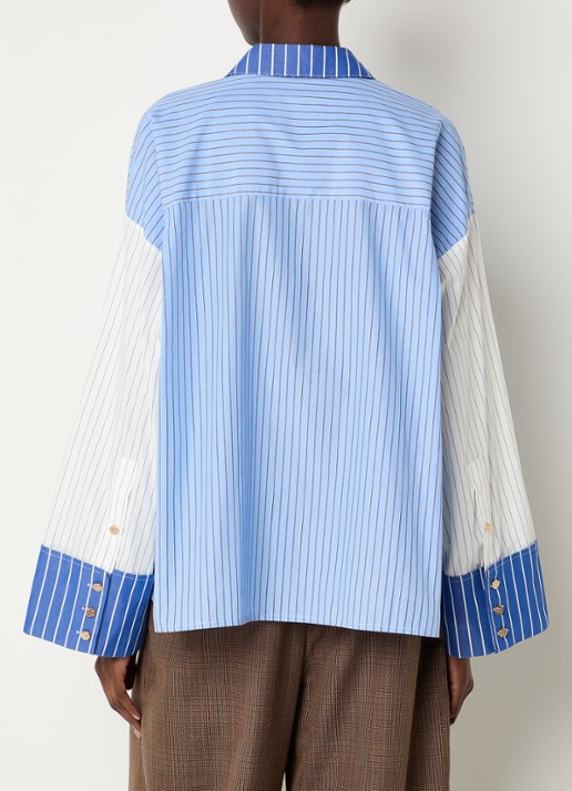 Essentiel Antwerp Kovid blouse met streepprint en trompetmouw - achterkant 2 blauw
