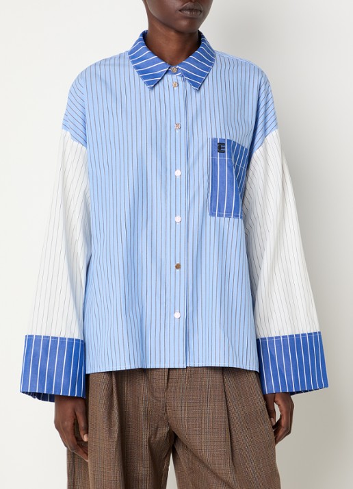 Essentiel Antwerp Kovid blouse met streepprint en trompetmouw - detail blauw