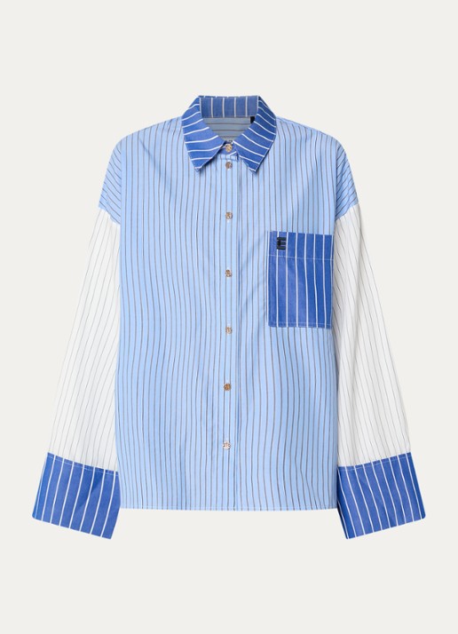 Essentiel Antwerp Kovid blouse met streepprint en trompetmouw - voorkant 3 blauw