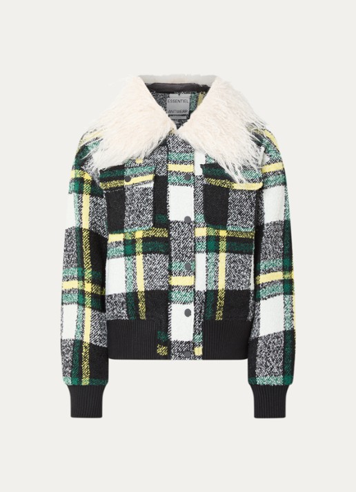 Essentiel Antwerp Kpop bomberjack met tweed-look en afneembare kraag van imitatiebont - voorkant 3 gebroken wit