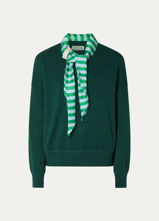 Essentiel Antwerp Kurtis trui in wolblend met sjaalkraag - voorkant groen