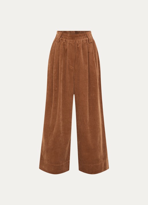Essentiel Antwerp Mid waist wide fit broek van corduroy met paspelzakken  - voorkant 3 roestbruin