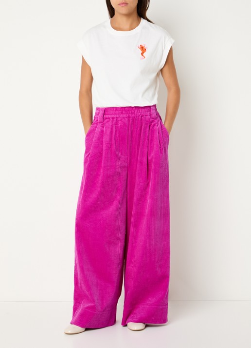Essentiel Antwerp Mid waist wide fit broek van corduroy met paspelzakken  - voorkant 4 fuchsia