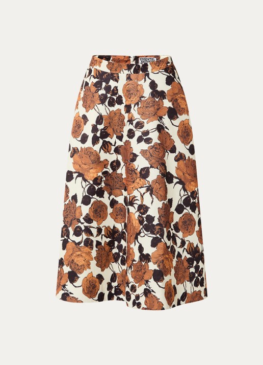 Essentiel Antwerp Midi A-lijn rok met steekzakken en bloemenprint - voorkant beige
