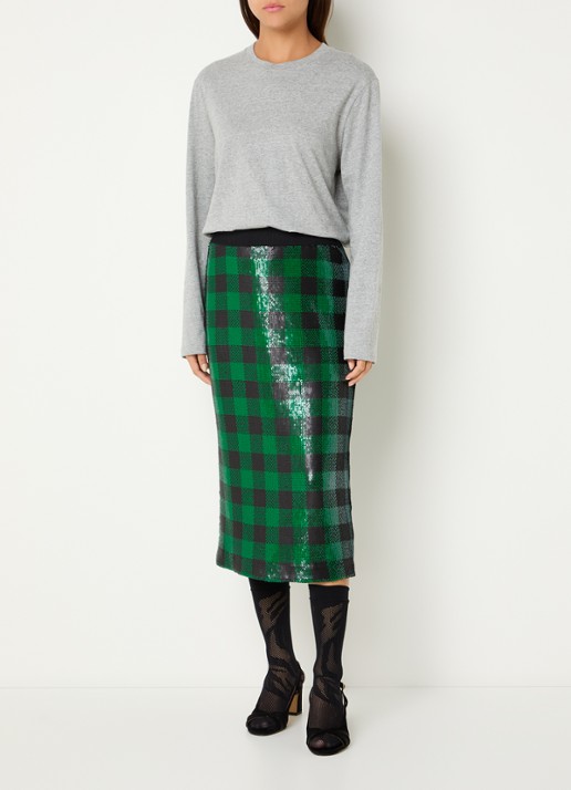 Essentiel Antwerp Midi kokerrok met pailletten en ruitdessin - voorkant 2 groen