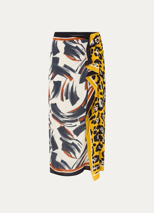Essentiel Antwerp Midi wikkelrok met print - voorkant geel