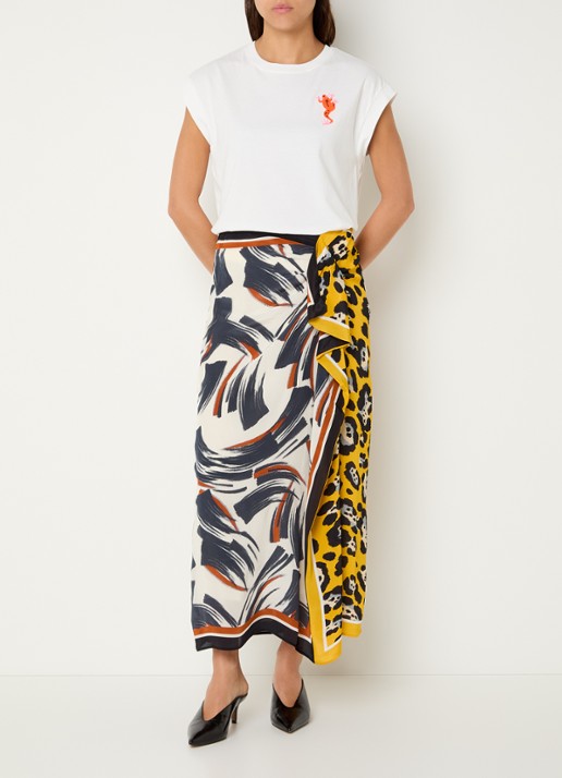 Essentiel Antwerp Midi wikkelrok met print - voorkant 2 geel