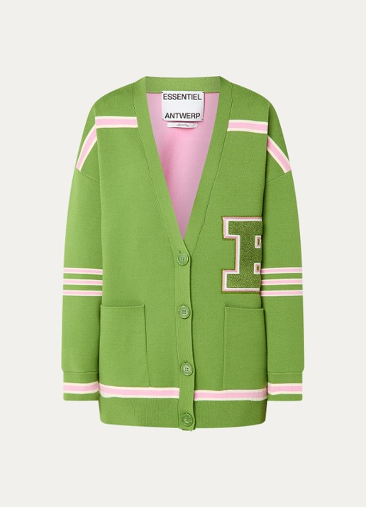 Essentiel Antwerp Openvallend fijngebreid vest met print - voorkant 3 groen