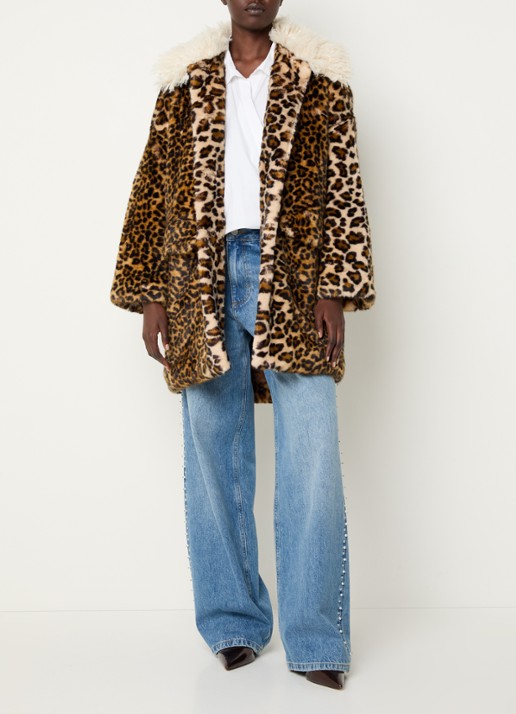 Essentiel Antwerp Oversized mantel van imitatiebont met panterprint - voorkant 3 bruin