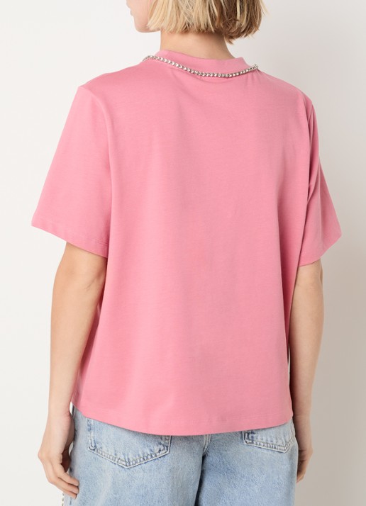Essentiel Antwerp T-shirt met print en strass - achterkant 4 koraalroze