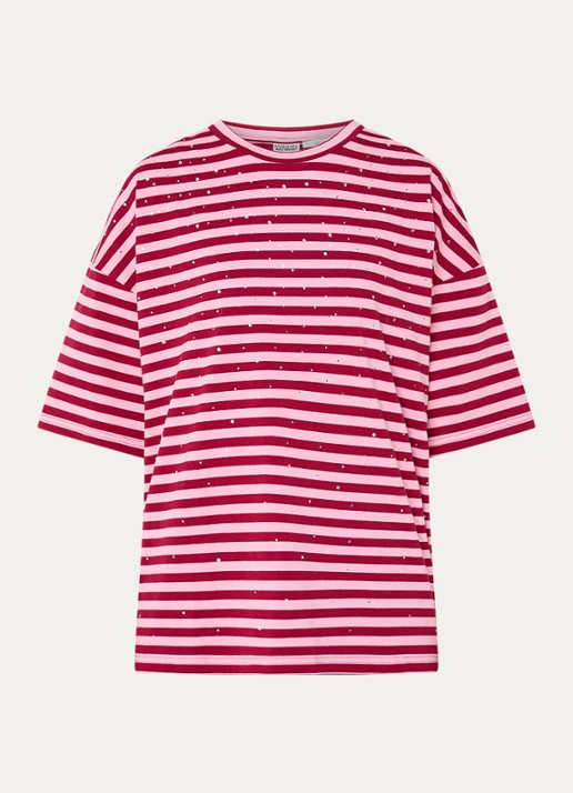 Essentiel Antwerp T-shirt met streepprint en strass  - voorkant rood