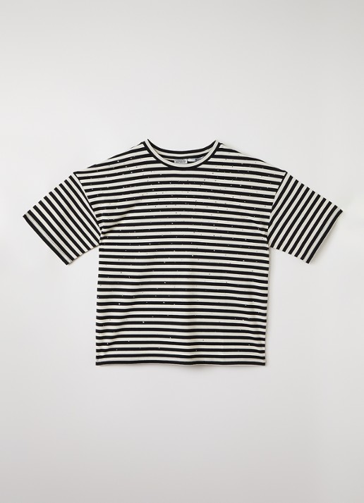 Essentiel Antwerp T-shirt met streepprint en strass  - voorkant 3 zwart