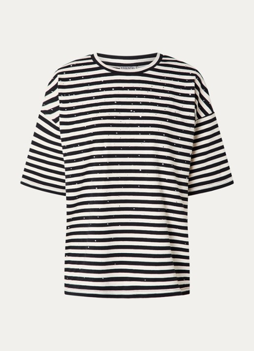 Essentiel Antwerp T-shirt met streepprint en strass  - voorkant 5 zwart
