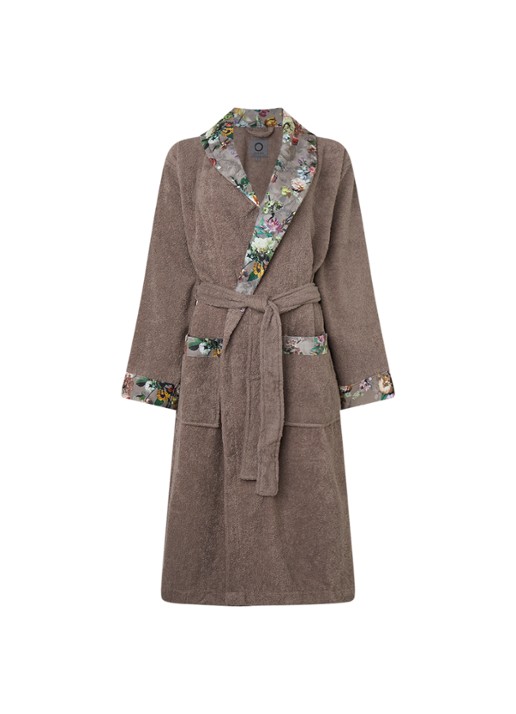 Essenza Fleur badjas met contrastvoering en bloemenprint - voorkant 2 taupe