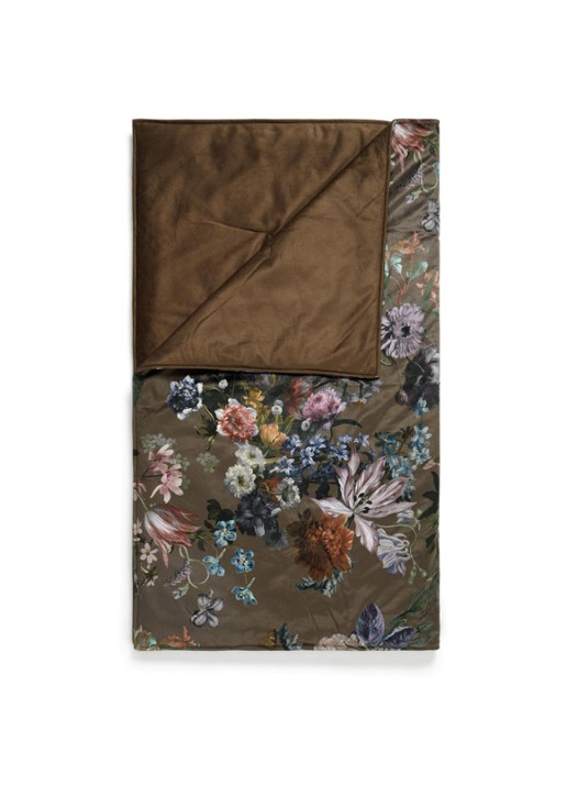 Essenza Isabelle plaid met bloemenprint 170 x 135 cm - voorkant donkerbruin