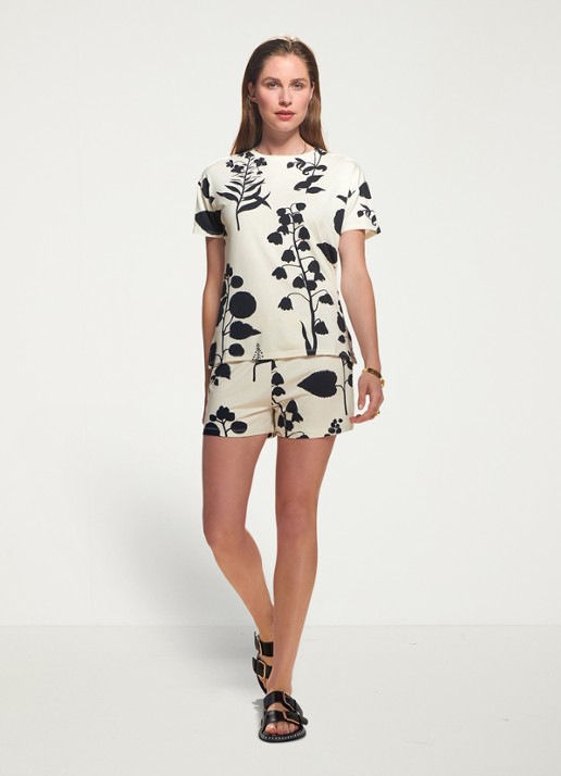 Essenza Nori Liva straight fit korte broek met bloemenprint - voorkant 5 gebroken wit