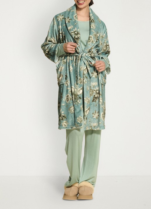 Essenza Steff Florean badjas met bloemenprint - voorkant 3 groen