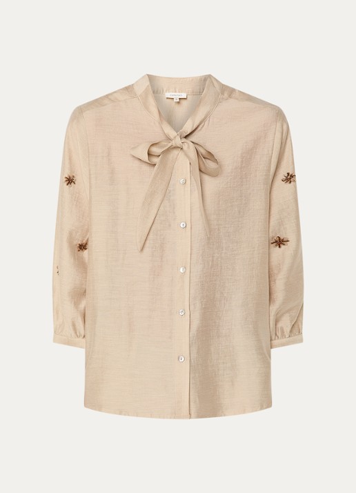 Expresso Blouse in linnenblend met sjaalkraag met applicatie - voorkant beige