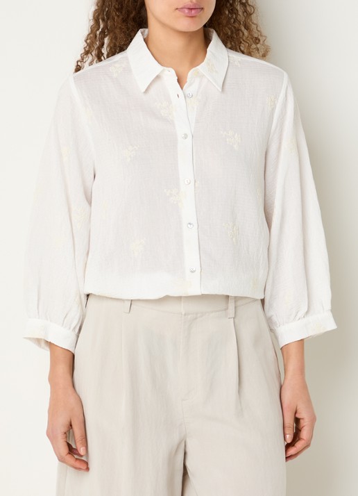 Expresso Blouse met bloemborduring en pofmouw