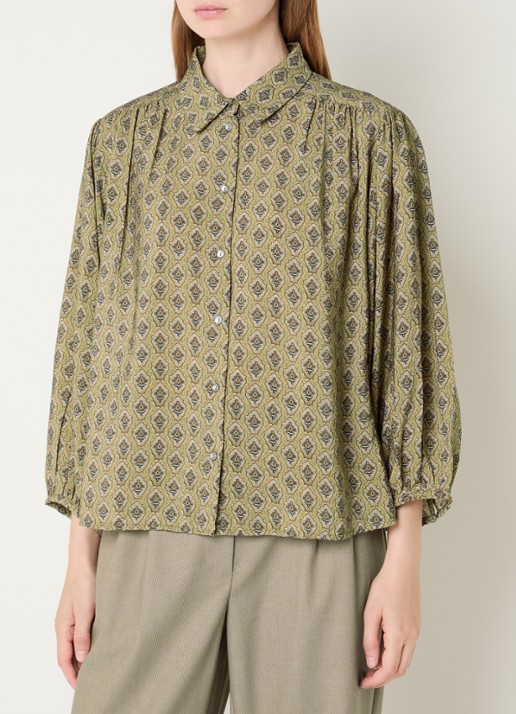 Expresso Blouse met grafisch dessin en ballonmouw - detail olijfgroen