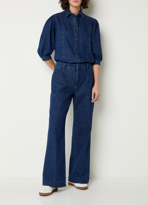Expresso Blouse van denim met sjaalkraag - voorkant 3 indigo