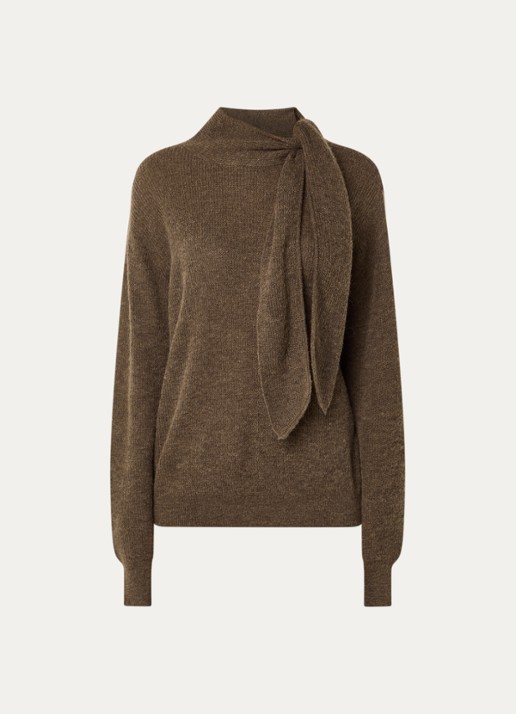 Expresso Fijngebreide pullover in alpaca wolblend met sjaalkraag - voorkant 2 lichtbruin