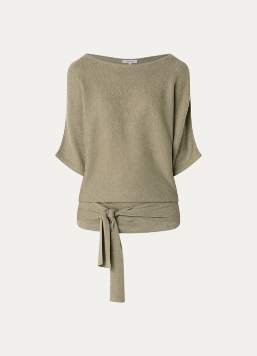 Expresso Fijngebreide pullover in wolblend met strikceintuur - voorkant 3 beige