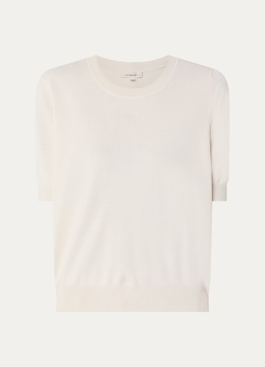Expresso Fijngebreide top met ronde hals - voorkant 2 beige