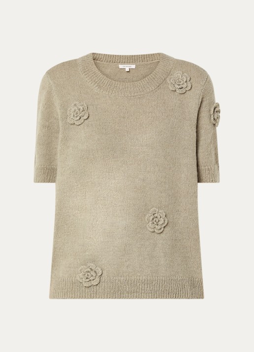 Expresso Grofgebreide trui in alpaca wolblend met applicatie - voorkant 2 mosgroen