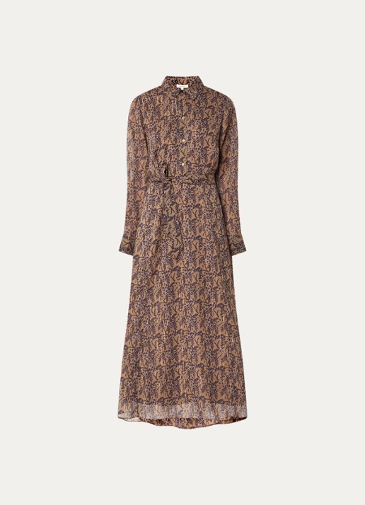 Expresso Maxi blouse jurk met print en strikceintuur - voorkant 3 lichtbruin