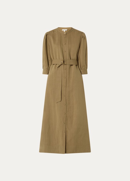 Expresso Midi jurk met ceintuur en ballonmouw - voorkant camel