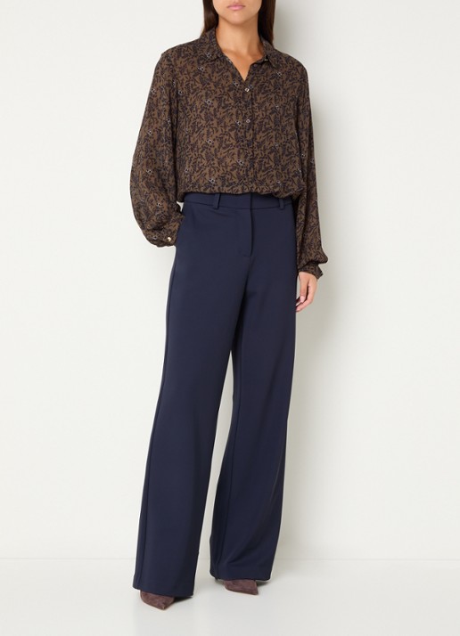 Expresso Semi-transparante blouse met bladprint - voorkant 2 bruin