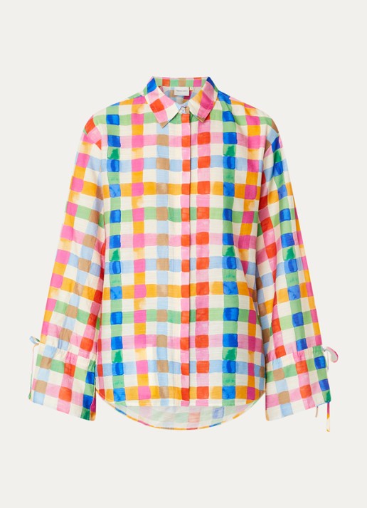 Fabienne Chapot Alicia blouse in linnenblend met ruitdessin  - voorkant roze