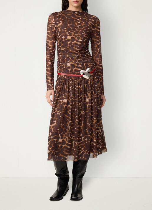Fabienne Chapot Bello midi jurk met dierenprint en mesh - voorkant 2 bruin
