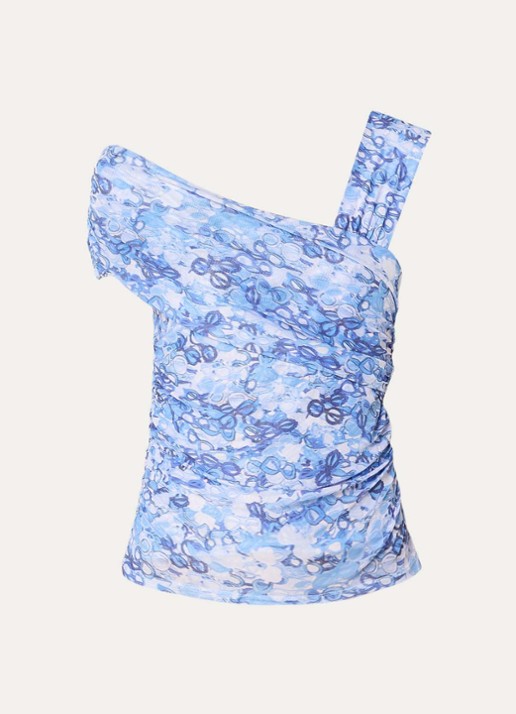 Fabienne Chapot Bora top van mesh met asymmetrische hals en print - voorkant 2 blauw