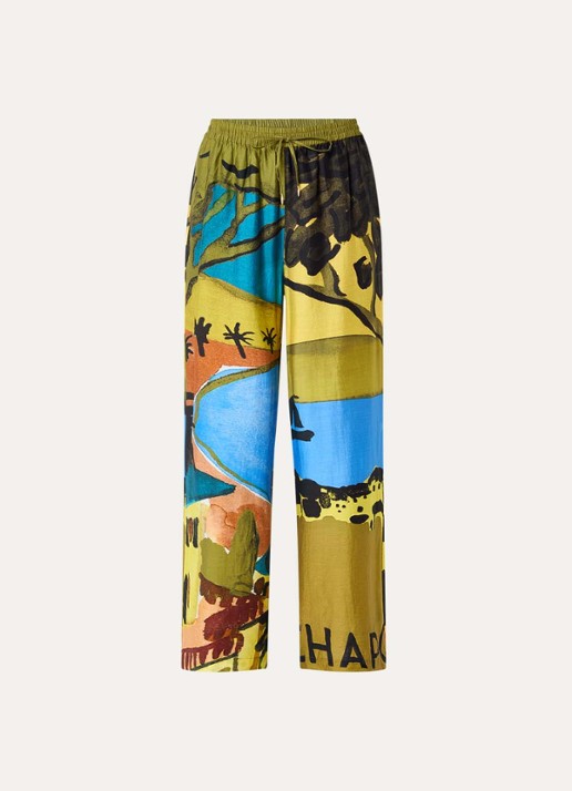Fabienne Chapot Brent high waist loose fit pantalon in linnenblend met print - voorkant mosgroen