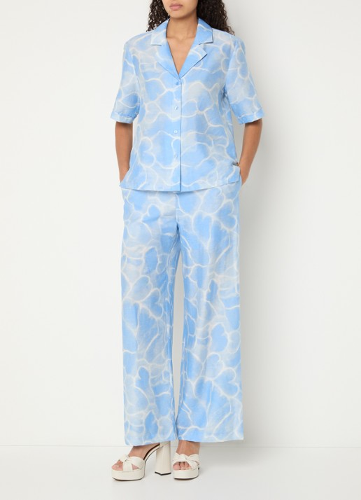 Fabienne Chapot Brock blouse in linnenblend met print - voorkant 2 lichtblauw