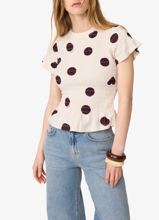 Fabienne Chapot Carmen T-shirt met stippenprint en smockwerk