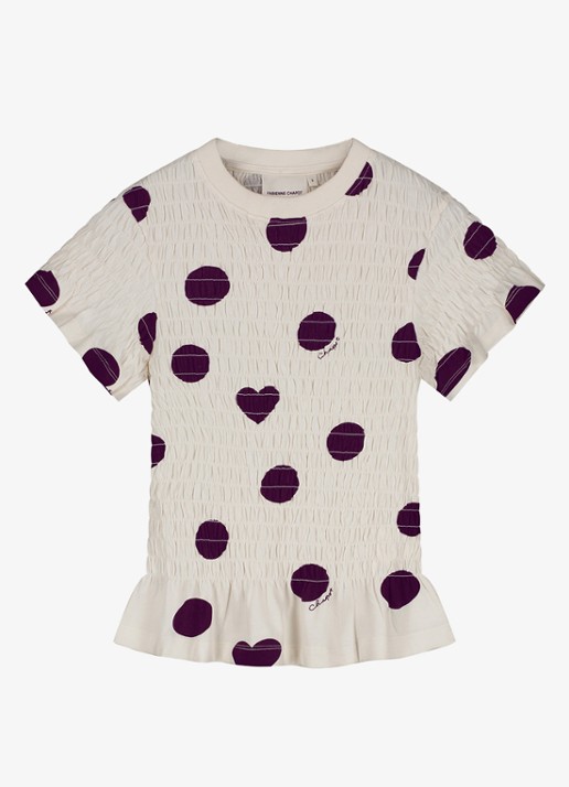 Fabienne Chapot Carmen T-shirt met stippenprint en smockwerk - voorkant gebroken wit