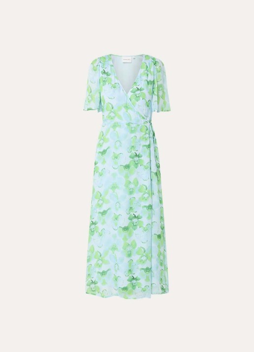 Fabienne Chapot Denise midi tuniekjurk met bloemprint en strikceintuur - voorkant groen