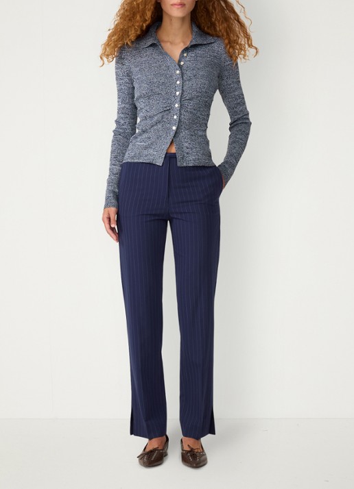 Fabienne Chapot Elliot mid waist straight fit pantalon met krijtstreep - voorkant 4 donkerblauw