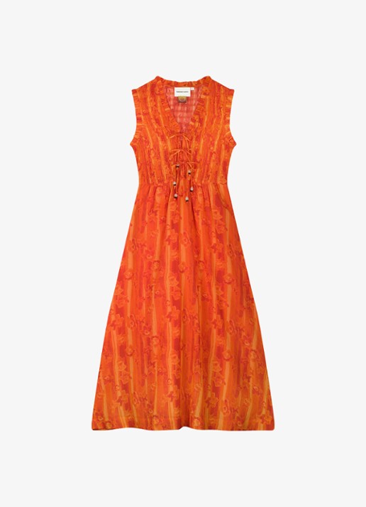 Fabienne Chapot Elou maxi jurk met smockwerk en print - voorkant 2 orange