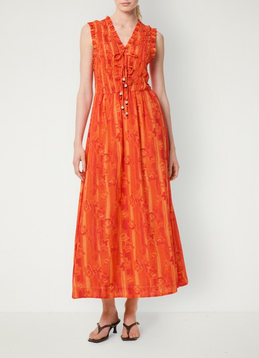 Fabienne Chapot Elou maxi jurk met smockwerk en print - voorkant 3 orange